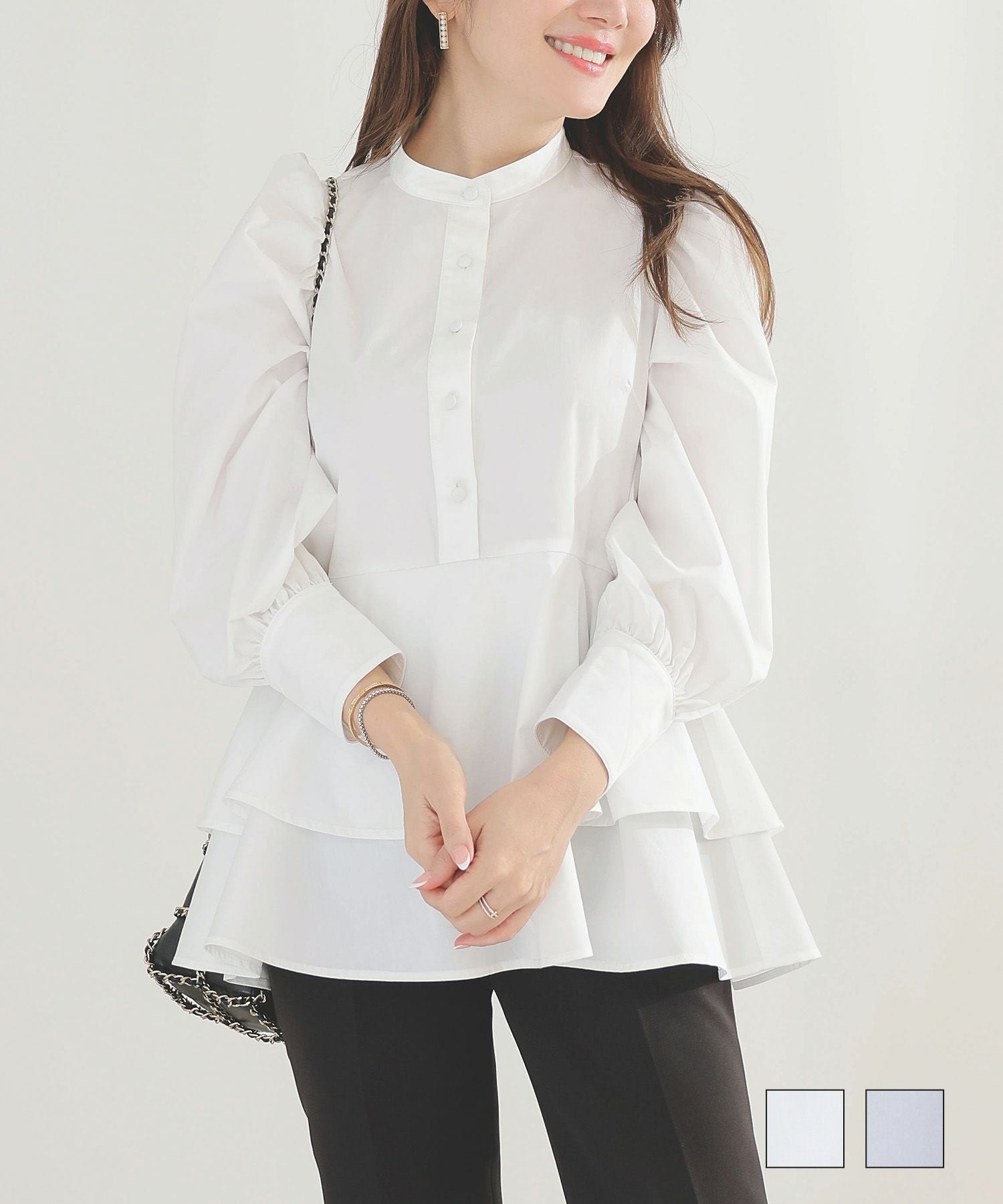 Occasion-SALE パフスリーブ 2段 ペプラム ブラウス Liala×PG 全2色