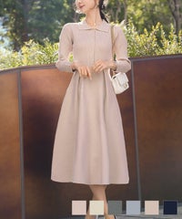 レディース ワンピース ニットワンピース ニット 襟 パール パールトリム リブ編み 長袖 ロング ミモレ フレアシルエット タック 前あき ピンクベージュ ブルーグレー ネイビー 上品 エレガント フェミニン 大人 パールトリム 襟付き ニット ワンピース le reve vaniller