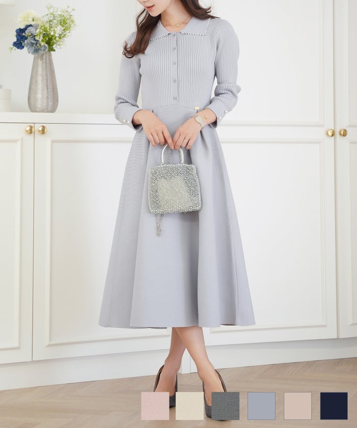 レディース ワンピース ニットワンピース ニット 襟 パール パールトリム リブ編み 長袖 ロング ミモレ フレアシルエット タック 前あき ピンクベージュ ブルーグレー ネイビー 上品 エレガント フェミニン 大人 パールトリム 襟付き ニット ワンピース le reve vaniller