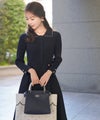 ニットワンピース ニット 襟 パール トリム 長袖 ロング フレアシルエット タック 前あき パールトリム 襟付き ニット ワンピース le reve vaniller