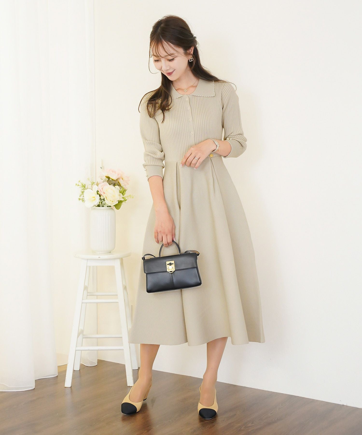 パールトリム 襟付き ニット ワンピース le reve vaniller 全6色