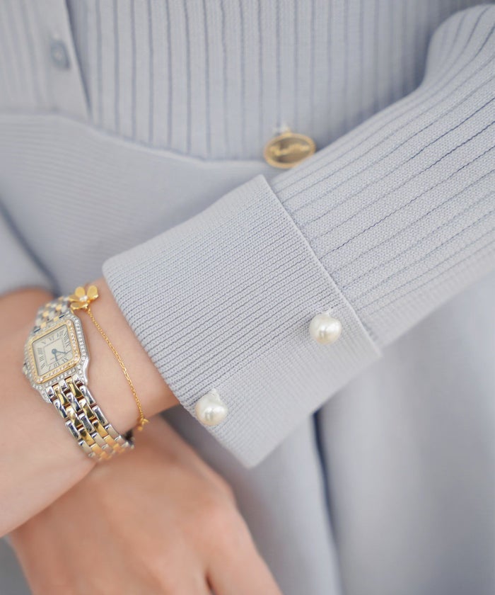 レディース/ワンピース/ニットワンピース/ニット/襟/パール/トリム/長袖/ロング/ミモレ/フレアシルエット/タック/前あき/ピンクベージュ/ブルーグレー/ネイビー/上品/エレガント/フェミニン/大人/新色/チャコール/ベージュ/エクリュ