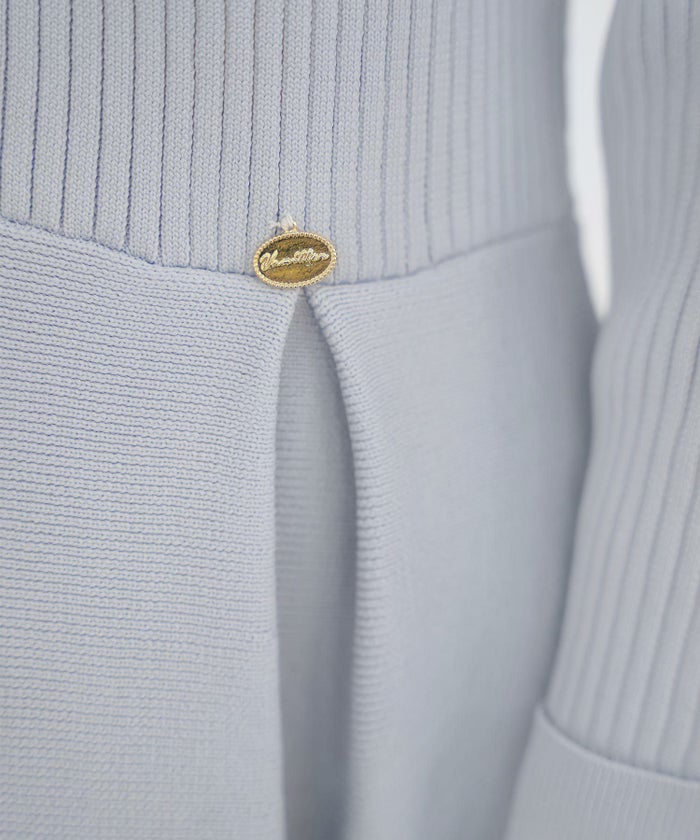 レディース/ワンピース/ニットワンピース/ニット/襟/パール/トリム/長袖/ロング/ミモレ/フレアシルエット/タック/前あき/ピンクベージュ/ブルーグレー/ネイビー/上品/エレガント/フェミニン/大人/新色/チャコール/ベージュ/エクリュ