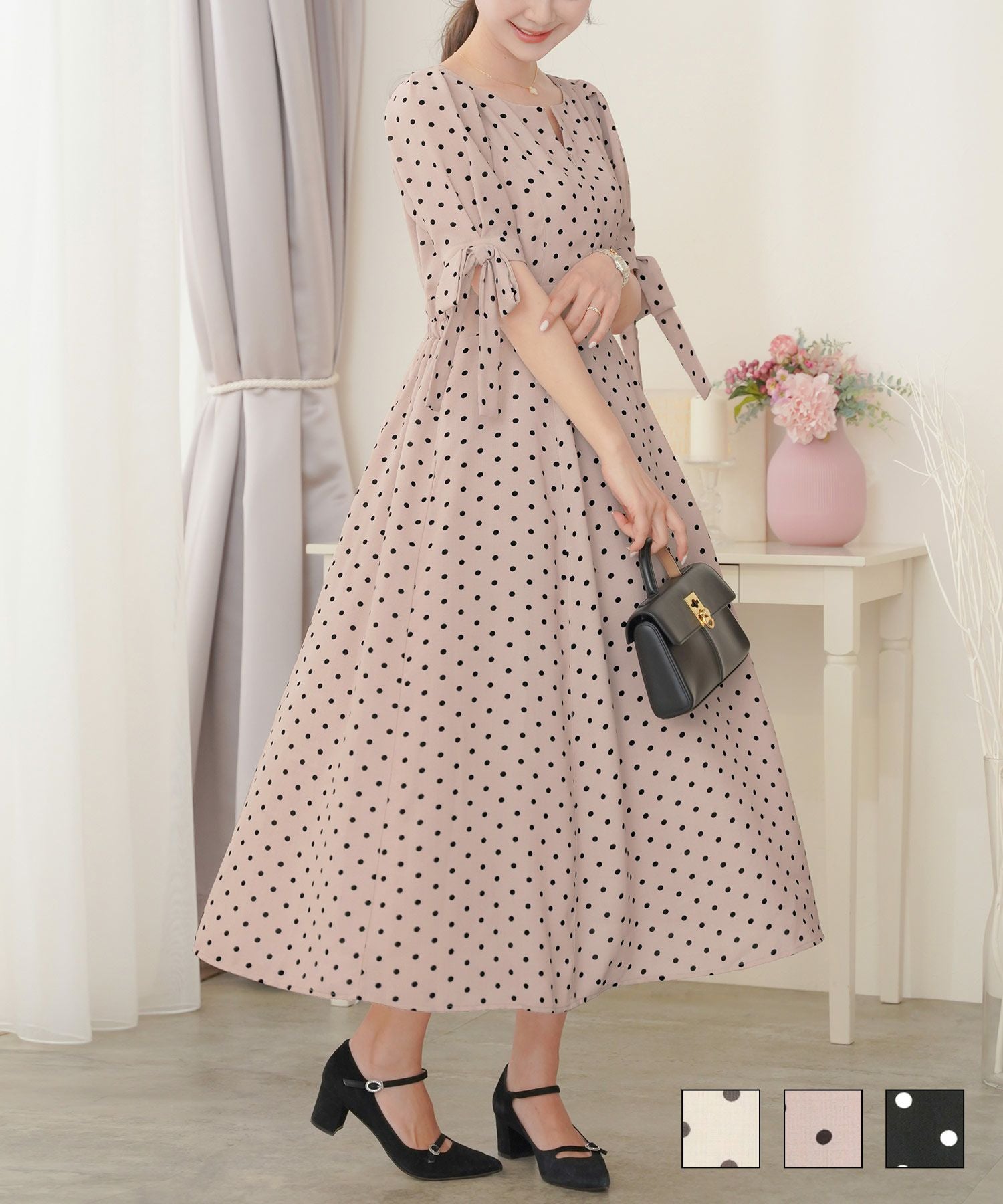 ドット柄 フロントファスナー 袖リボン ワンピース le reve vaniller
