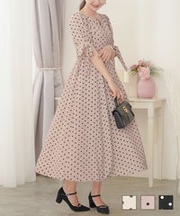 授乳 ママ デイリー お出かけ 普段 日常 ランチ 春 夏 ドット柄 ドット プリント アイボリー ダスティピンク ブラック フェミニン 上品 エレガント かわいい 大人 ドット柄 フロントファスナー 袖リボン ワンピース le reve vaniller
