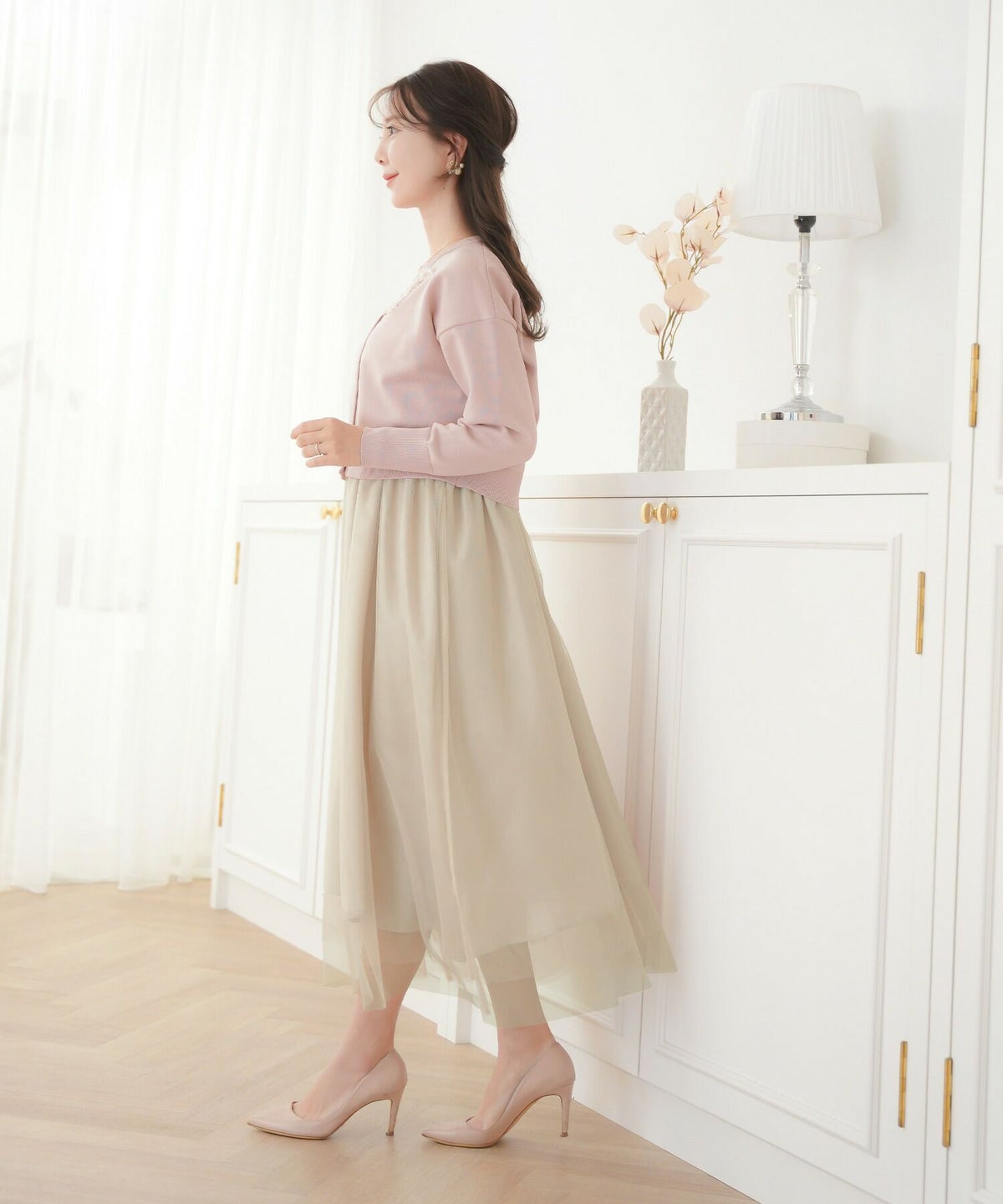 レディース/カーディガン/ワンピース/セット/リボン/パール/チュール/キャミワンピース/前あき/長袖/ドロップショルダー/コンパクト丈/レイヤード/裏地付き/上品/エレガント/フェミニン/大人/ピンクベージュ/ライトブルー/ネイビー