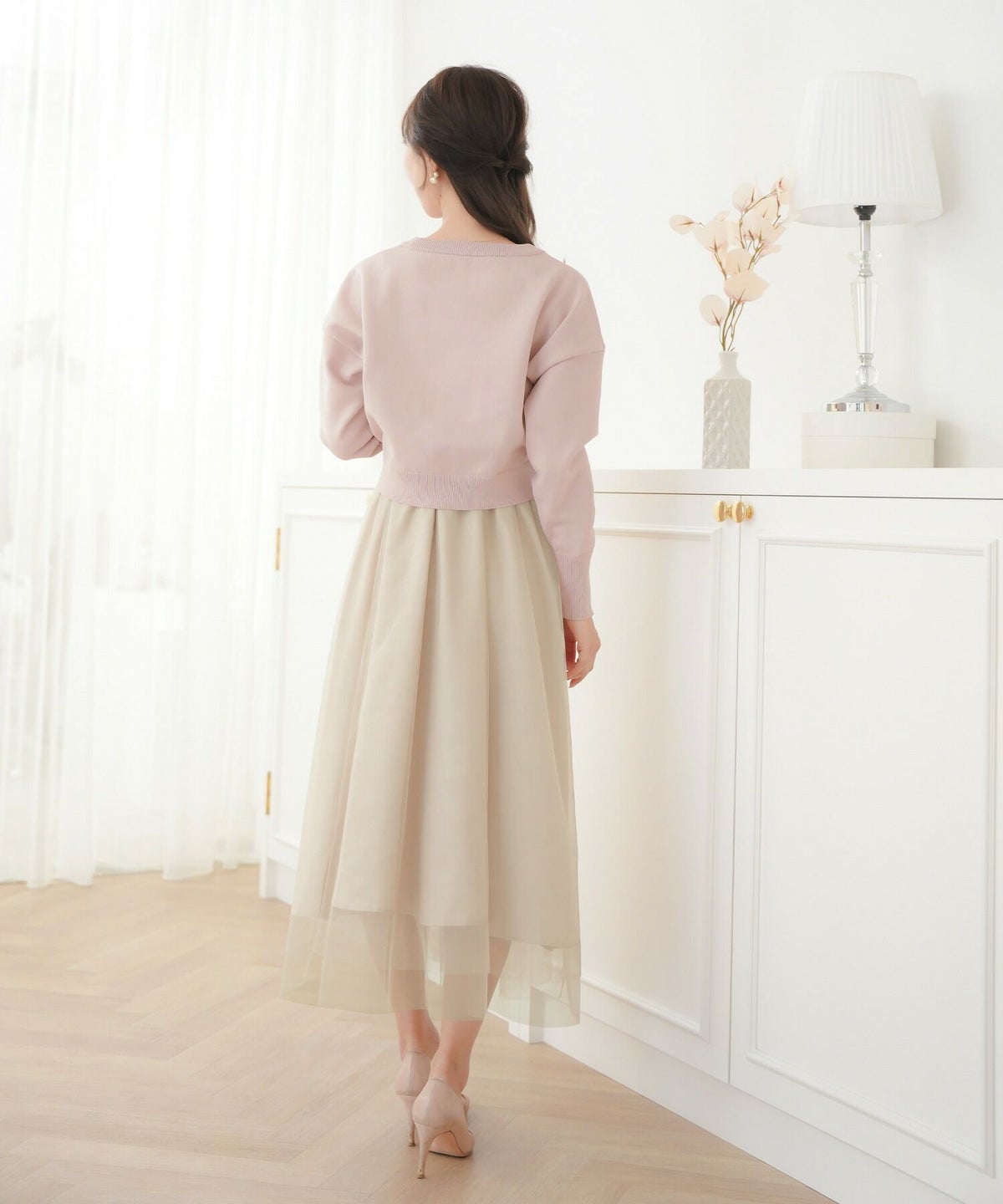 レディース/カーディガン/ワンピース/セット/リボン/パール/チュール/キャミワンピース/前あき/長袖/ドロップショルダー/コンパクト丈/レイヤード/裏地付き/上品/エレガント/フェミニン/大人/ピンクベージュ/ライトブルー/ネイビー