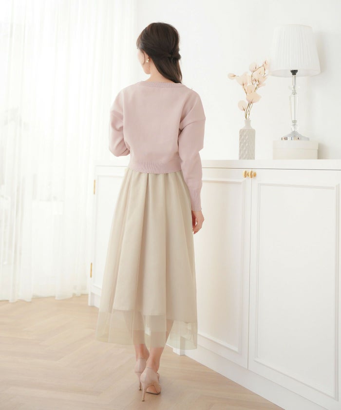 レディース/カーディガン/ワンピース/セット/リボン/パール/チュール/キャミワンピース/前あき/長袖/ドロップショルダー/コンパクト丈/レイヤード/裏地付き/上品/エレガント/フェミニン/大人/ピンクベージュ/ライトブルー/ネイビー