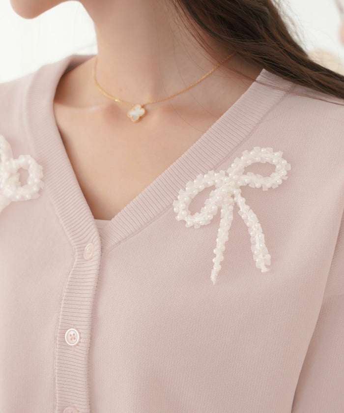 レディース/カーディガン/ワンピース/セット/リボン/パール/チュール/キャミワンピース/前あき/長袖/ドロップショルダー/コンパクト丈/レイヤード/裏地付き/上品/エレガント/フェミニン/大人/ピンクベージュ/ライトブルー/ネイビー