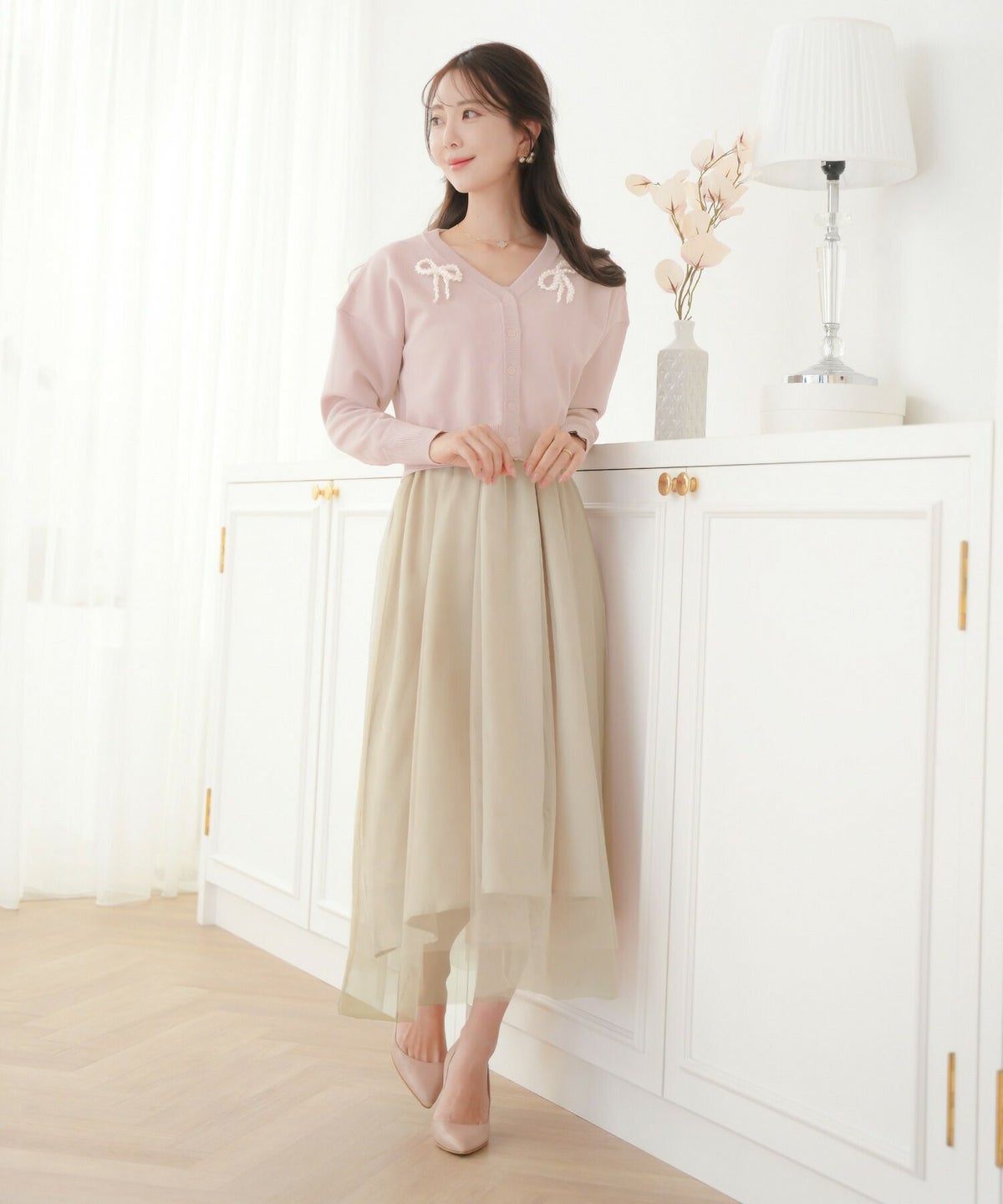 レディース/カーディガン/ワンピース/セット/リボン/パール/チュール/キャミワンピース/前あき/長袖/ドロップショルダー/コンパクト丈/レイヤード/裏地付き/上品/エレガント/フェミニン/大人/ピンクベージュ/ライトブルー/ネイビー