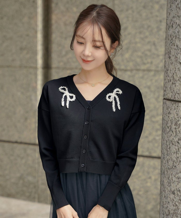 レディース/カーディガン/ワンピース/セット/リボン/パール/チュール/キャミワンピース/前あき/長袖/ドロップショルダー/コンパクト丈/レイヤード/裏地付き/上品/エレガント/フェミニン/大人/ピンクベージュ/ライトブルー/ネイビー