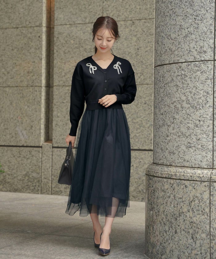 レディース/カーディガン/ワンピース/セット/リボン/パール/チュール/キャミワンピース/前あき/長袖/ドロップショルダー/コンパクト丈/レイヤード/裏地付き/上品/エレガント/フェミニン/大人/ピンクベージュ/ライトブルー/ネイビー