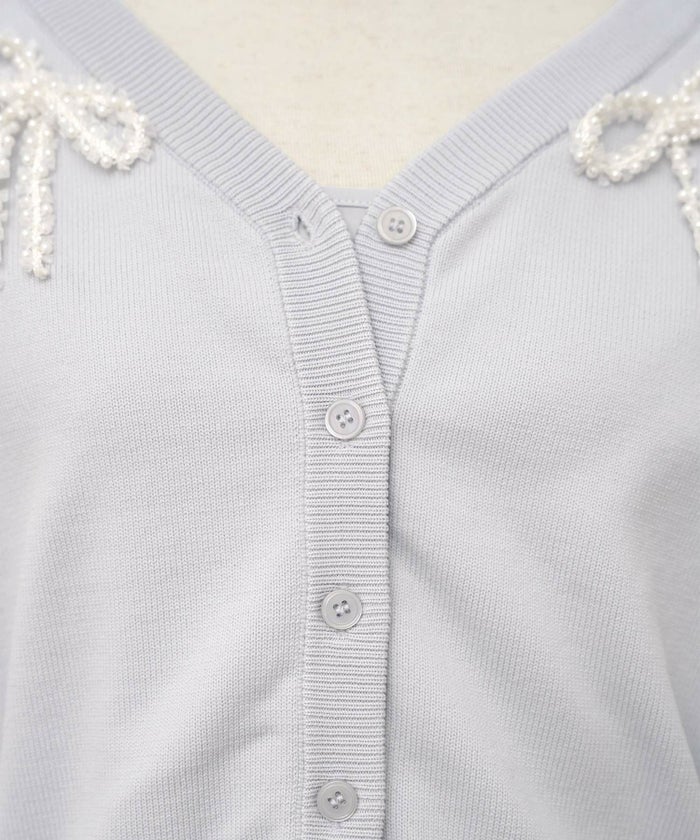 レディース/カーディガン/ワンピース/セット/リボン/パール/チュール/キャミワンピース/前あき/長袖/ドロップショルダー/コンパクト丈/レイヤード/裏地付き/上品/エレガント/フェミニン/大人/ピンクベージュ/ライトブルー/ネイビー