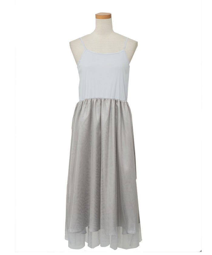 レディース/カーディガン/ワンピース/セット/リボン/パール/チュール/キャミワンピース/前あき/長袖/ドロップショルダー/コンパクト丈/レイヤード/裏地付き/上品/エレガント/フェミニン/大人/ピンクベージュ/ライトブルー/ネイビー