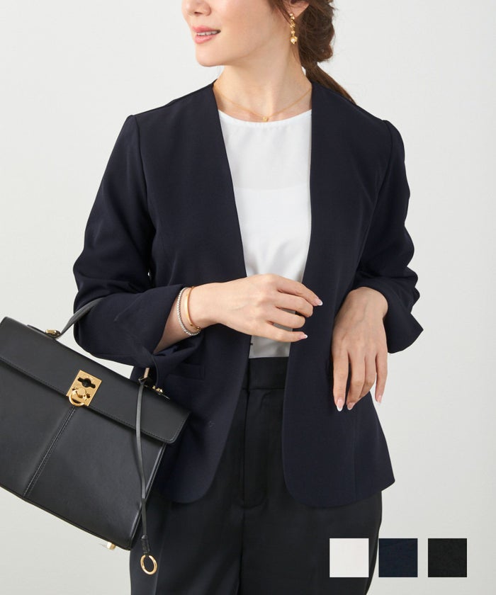 手洗い可 セレクト オケージョン オフィス 学校行事 アウター 袖口スリット 上品 きれいめ ジョイントスペース 薄手 ノーカラー ジャケット Liala×PG