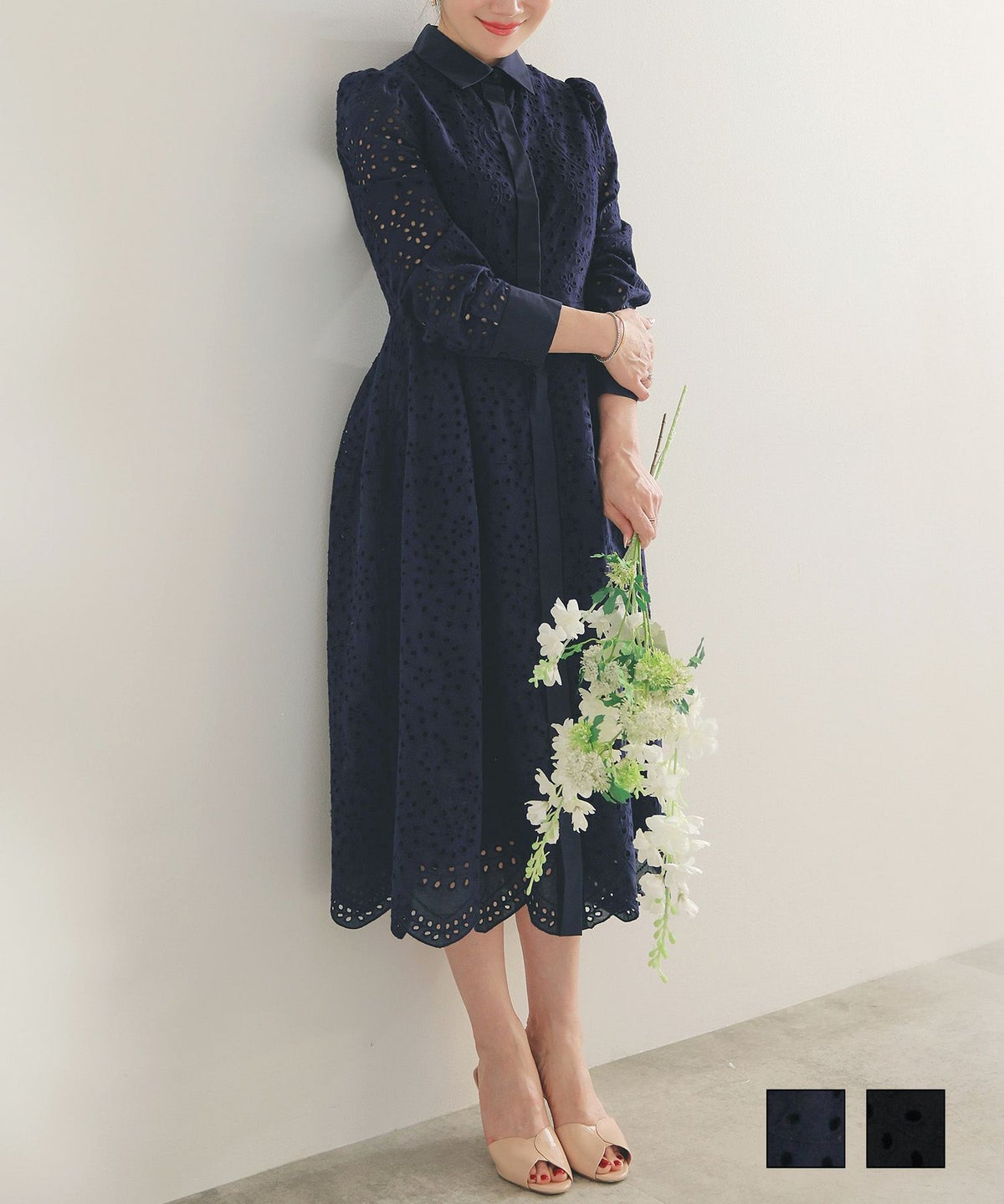 手洗い可 体型カバー オフィス オケージョン お呼ばれ フォーマル おしゃれ フェミニン 上品 大人可愛い きれいめ 春 ジョイントスペース コットンレース 襟付き スカラップヘム ワンピース Liala×PG