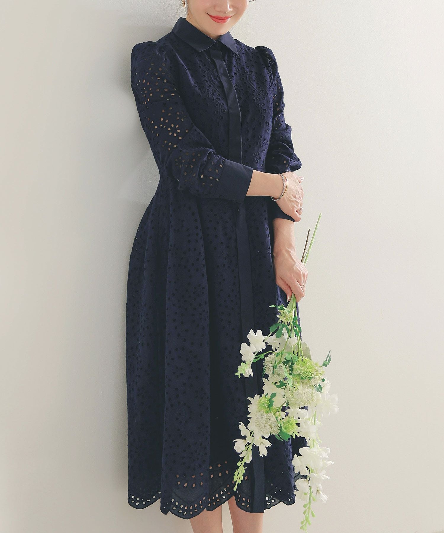 コットンレース 襟付き スカラップヘム ワンピース Liala×PG