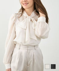 手洗い可 オケージョン オフィス 学校行事 おしゃれ フェミニン 透け感 上品 きれいめ 長袖 白 黒 ジョイントスペース フロッキードット ボウタイ シアー ブラウス Liala×PG