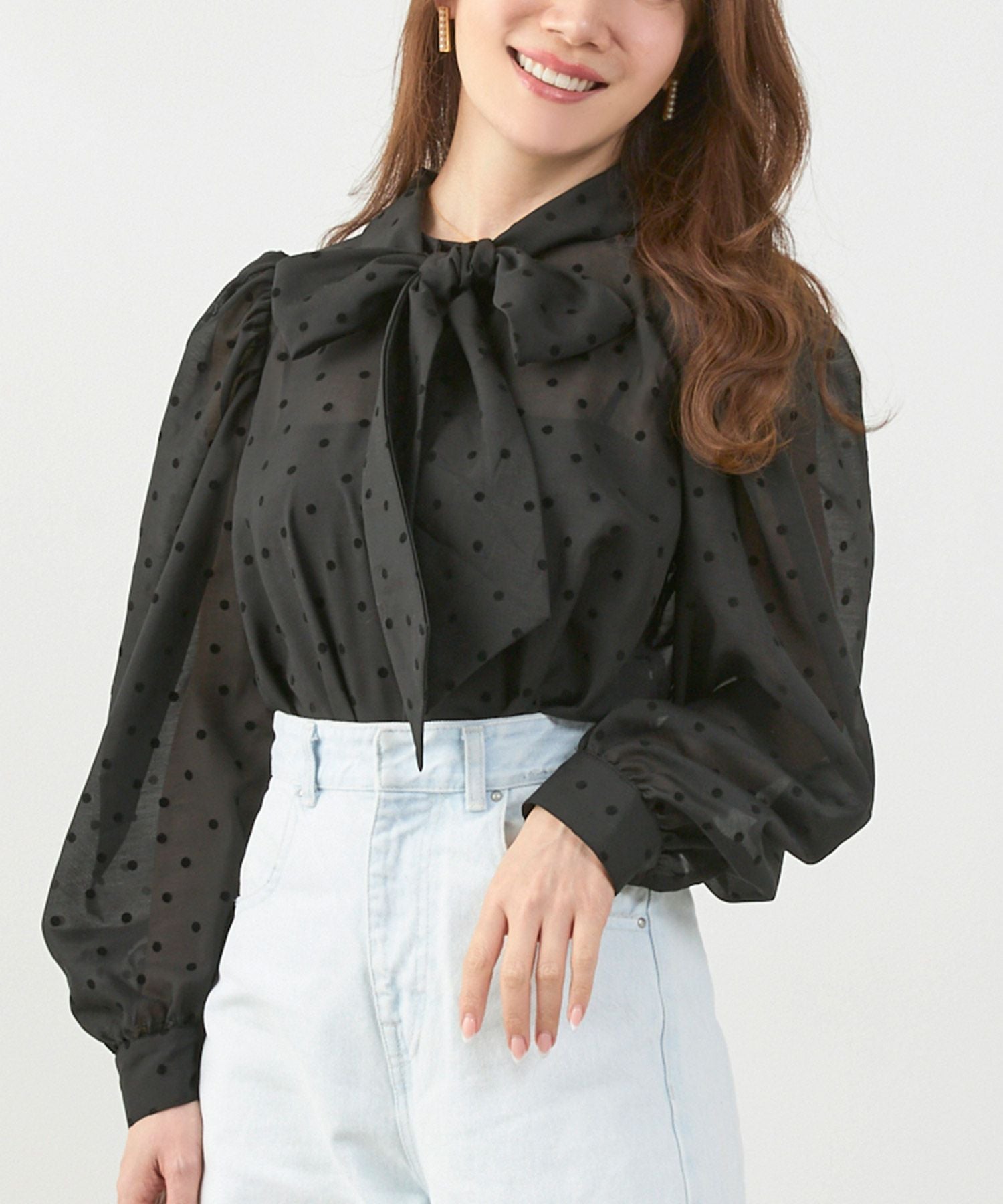 フロッキードット ボウタイ シアー ブラウス Liala×PG