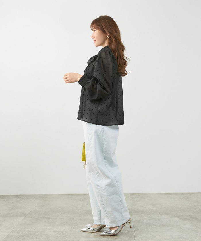 手洗い可オケージョンオフィス学校行事おしゃれフェミニン透け感上品きれいめ長袖白黒ジョイントスペース