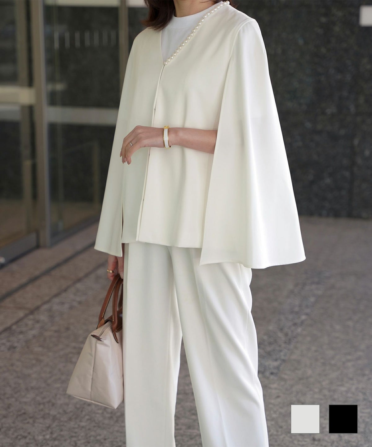 レディース 秋 春 オフィス きれいめ パール パールトリム ケープ ジャケット HUIT