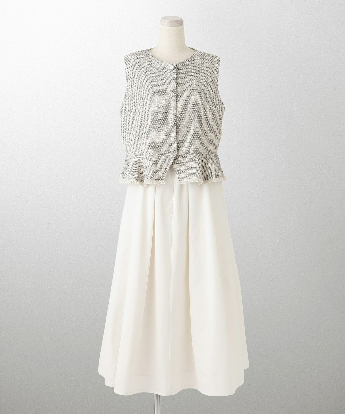 レディース ミックスツイード ノースリーブ ドッキングワンピース/ホワイト/ブラック/M/ロング丈