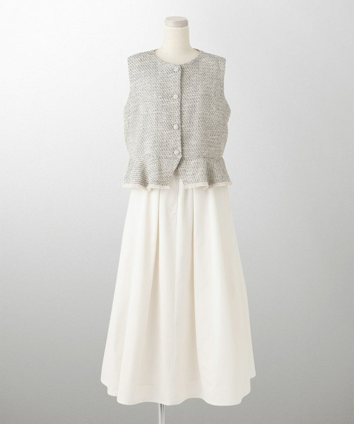 レディース ミックスツイード ノースリーブ ドッキングワンピース/ホワイト/ブラック/M/ロング丈