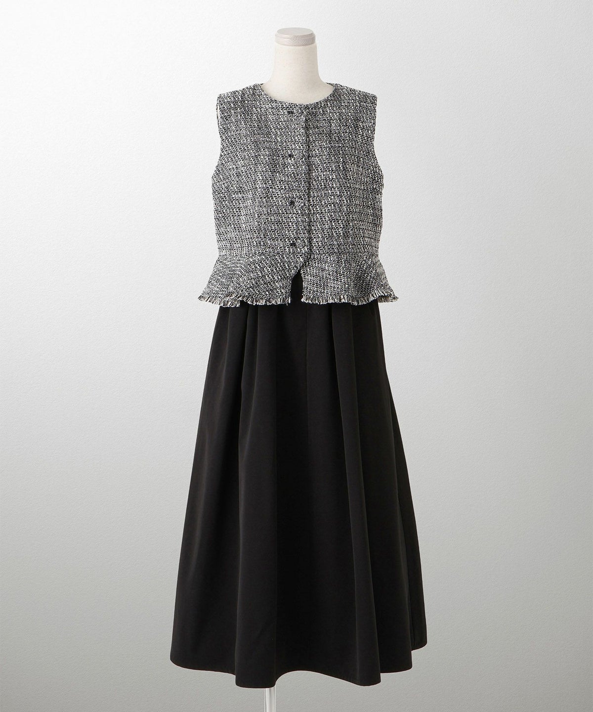 レディース ミックスツイード ノースリーブ ドッキングワンピース/ホワイト/ブラック/M/ロング丈