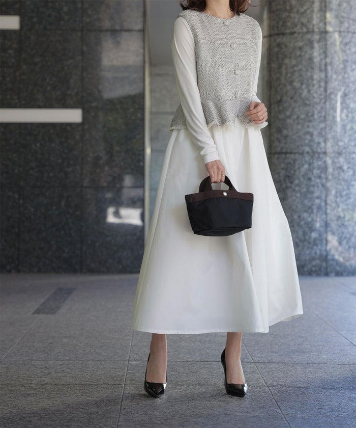 レディース ミックスツイード ノースリーブ ドッキングワンピース/ホワイト/ブラック/M/ロング丈