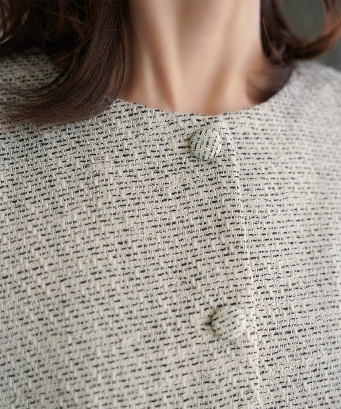 レディース ミックスツイード ノースリーブ ドッキングワンピース/ホワイト/ブラック/M/ロング丈