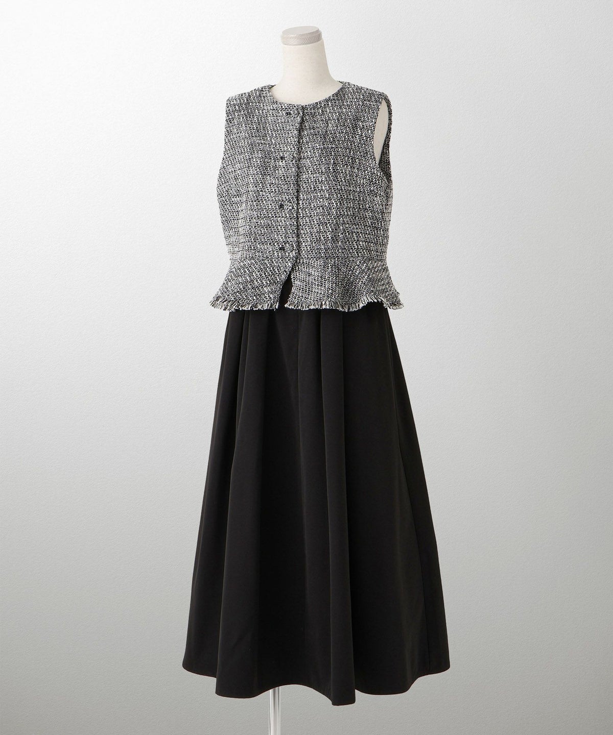 レディース ミックスツイード ノースリーブ ドッキングワンピース/ホワイト/ブラック/M/ロング丈