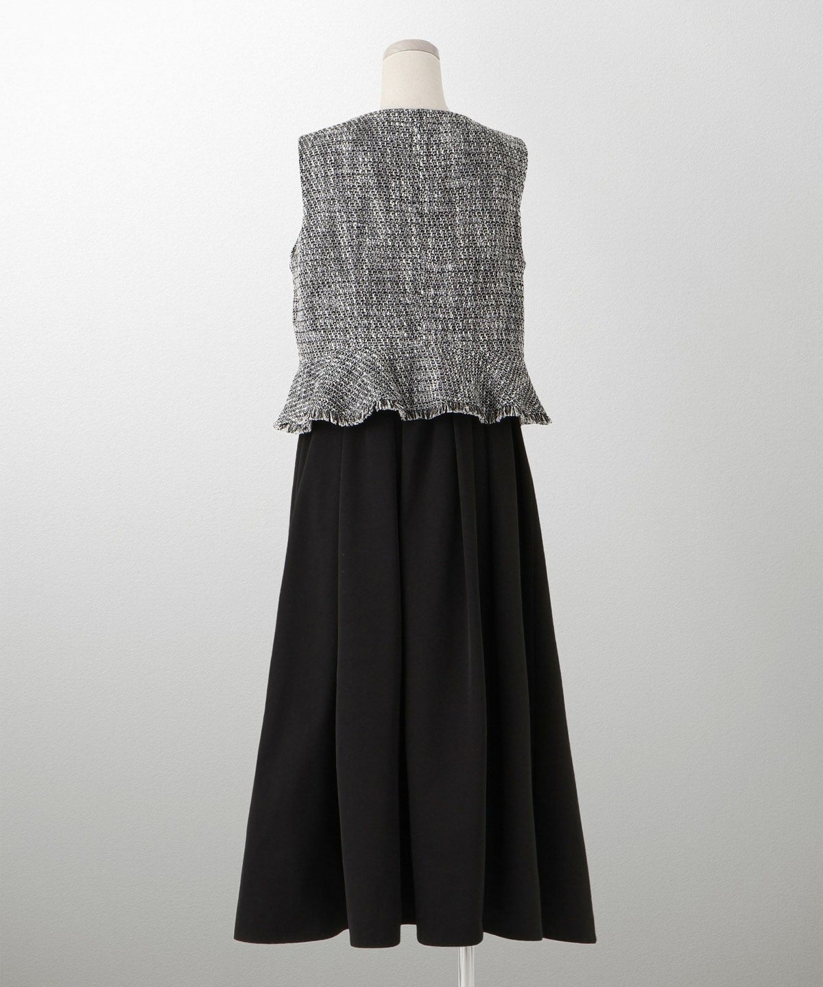 レディース ミックスツイード ノースリーブ ドッキングワンピース/ホワイト/ブラック/M/ロング丈