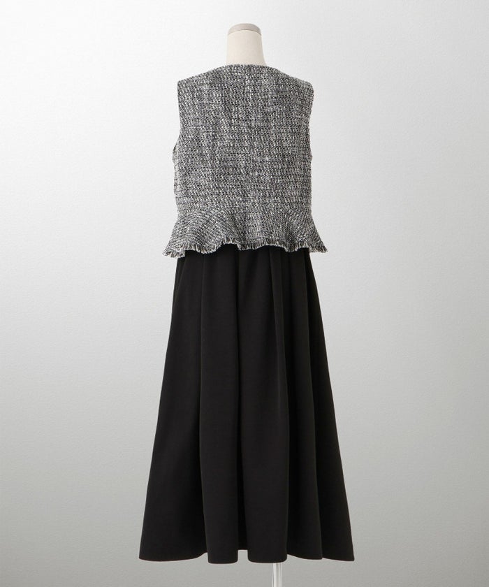 レディース ミックスツイード ノースリーブ ドッキングワンピース/ホワイト/ブラック/M/ロング丈