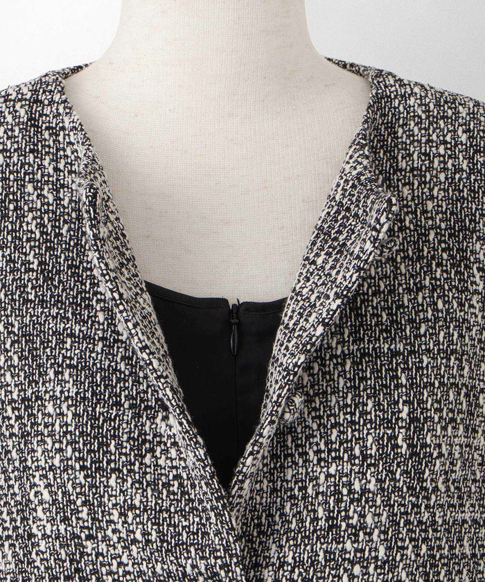 レディース ミックスツイード ノースリーブ ドッキングワンピース/ホワイト/ブラック/M/ロング丈