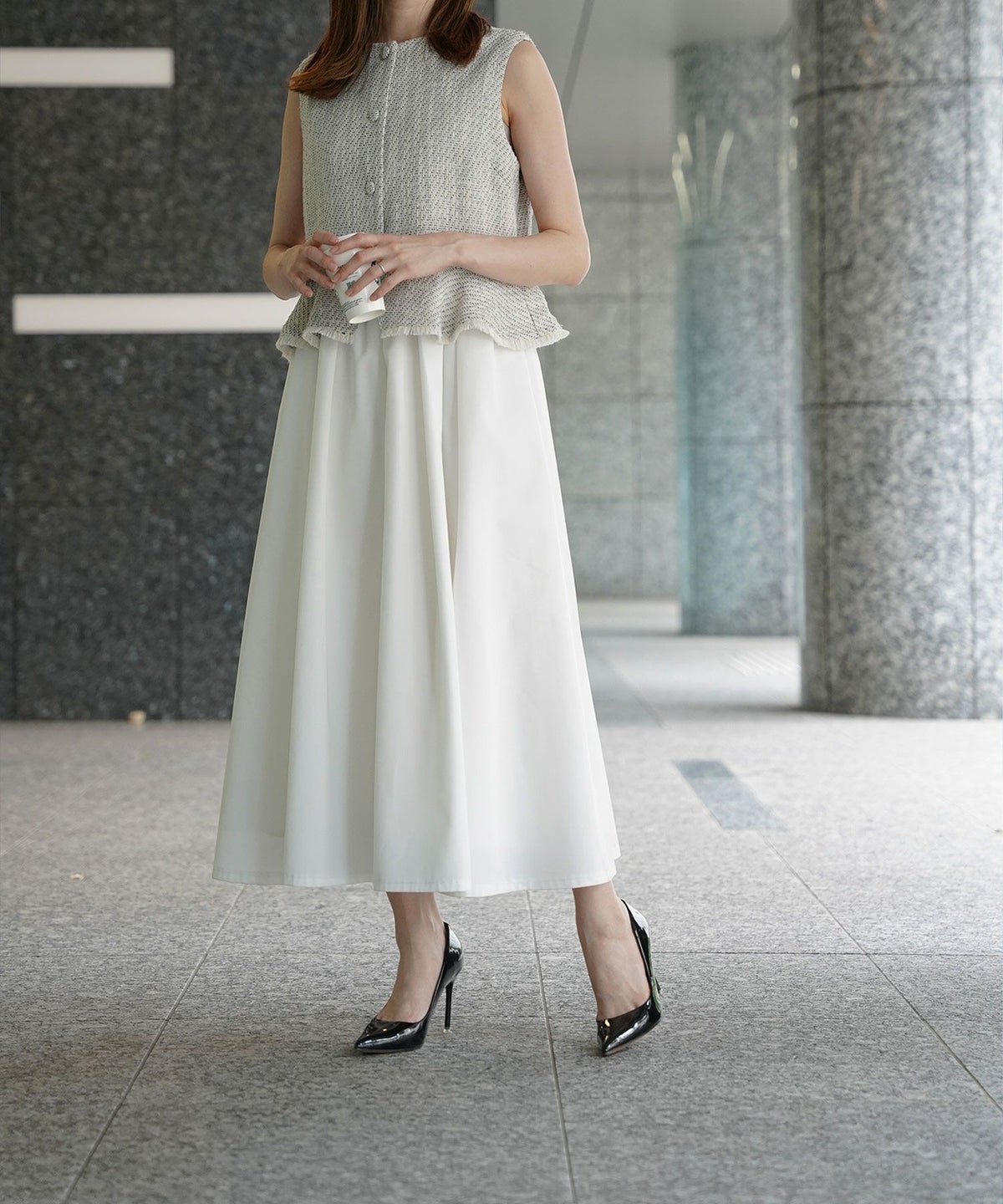 レディース ミックスツイード ノースリーブ ドッキングワンピース/ホワイト/ブラック/M/ロング丈