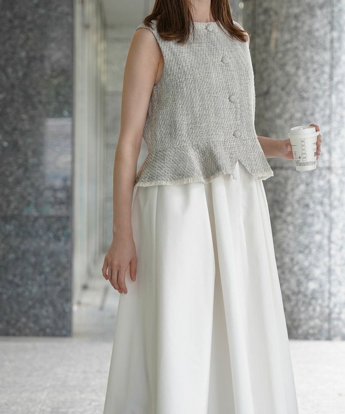 レディース ミックスツイード ノースリーブ ドッキングワンピース/ホワイト/ブラック/M/ロング丈