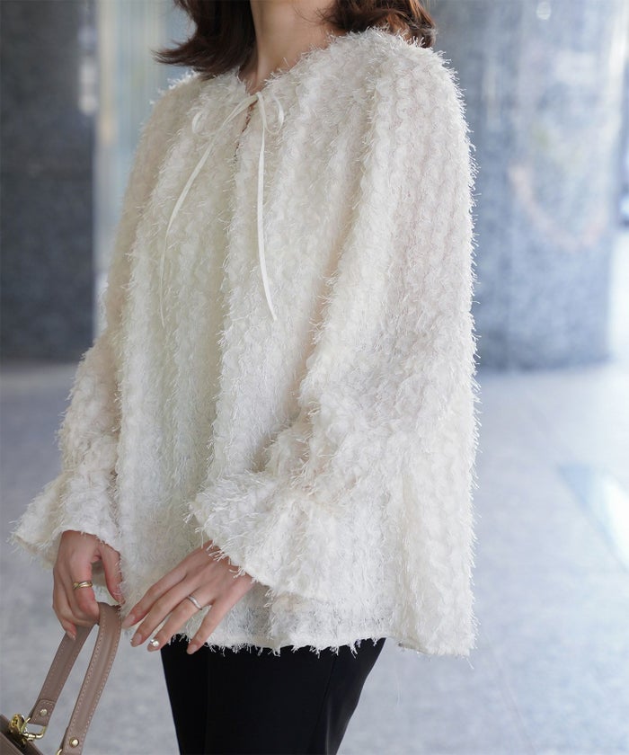 レディース モチーフ チュール フリル/アイボリー/ブラック/M/2way/フェザー/長袖