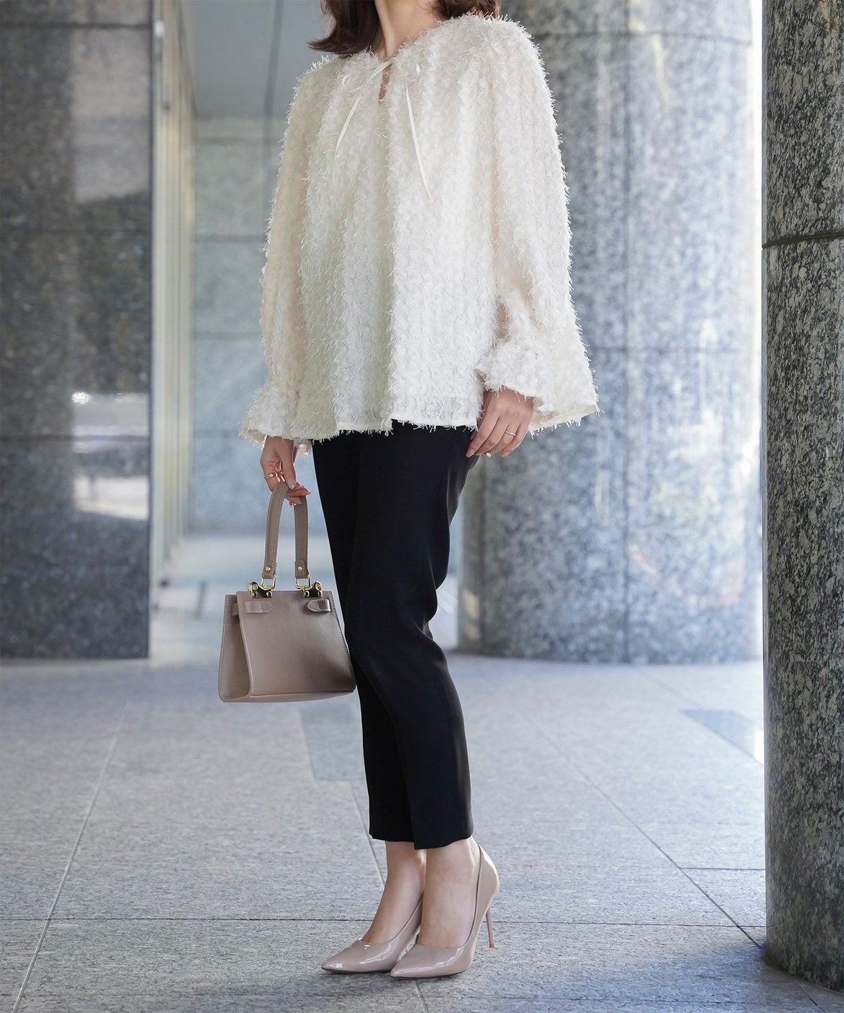 レディース モチーフ チュール フリル/アイボリー/ブラック/M/2way/フェザー/長袖