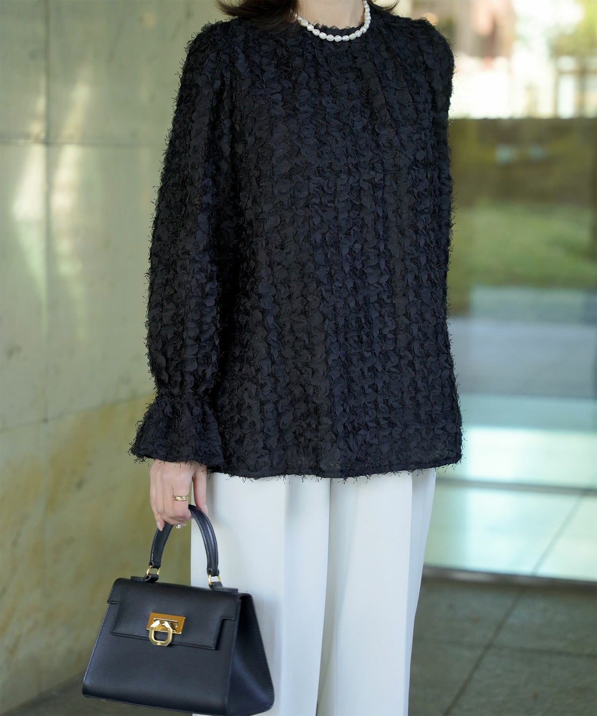 レディース モチーフ チュール フリル/アイボリー/ブラック/M/2way/フェザー/長袖