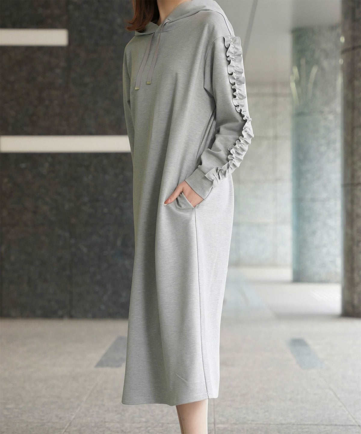 レディース 春 秋 ポンチ素材 カジュアル 上品/グレー/ブラック/M/プチフリル/ポケット/長袖