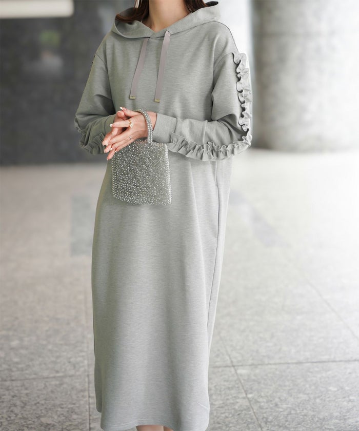 レディース 春 秋 ポンチ素材 カジュアル 上品/グレー/ブラック/M/プチフリル/ポケット/長袖