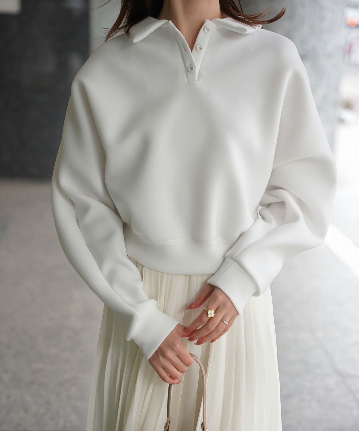 レディース 春 プルオーバー 上品 カジュアル/ホワイト/グレー/ブラック/M/ポロ襟/長袖