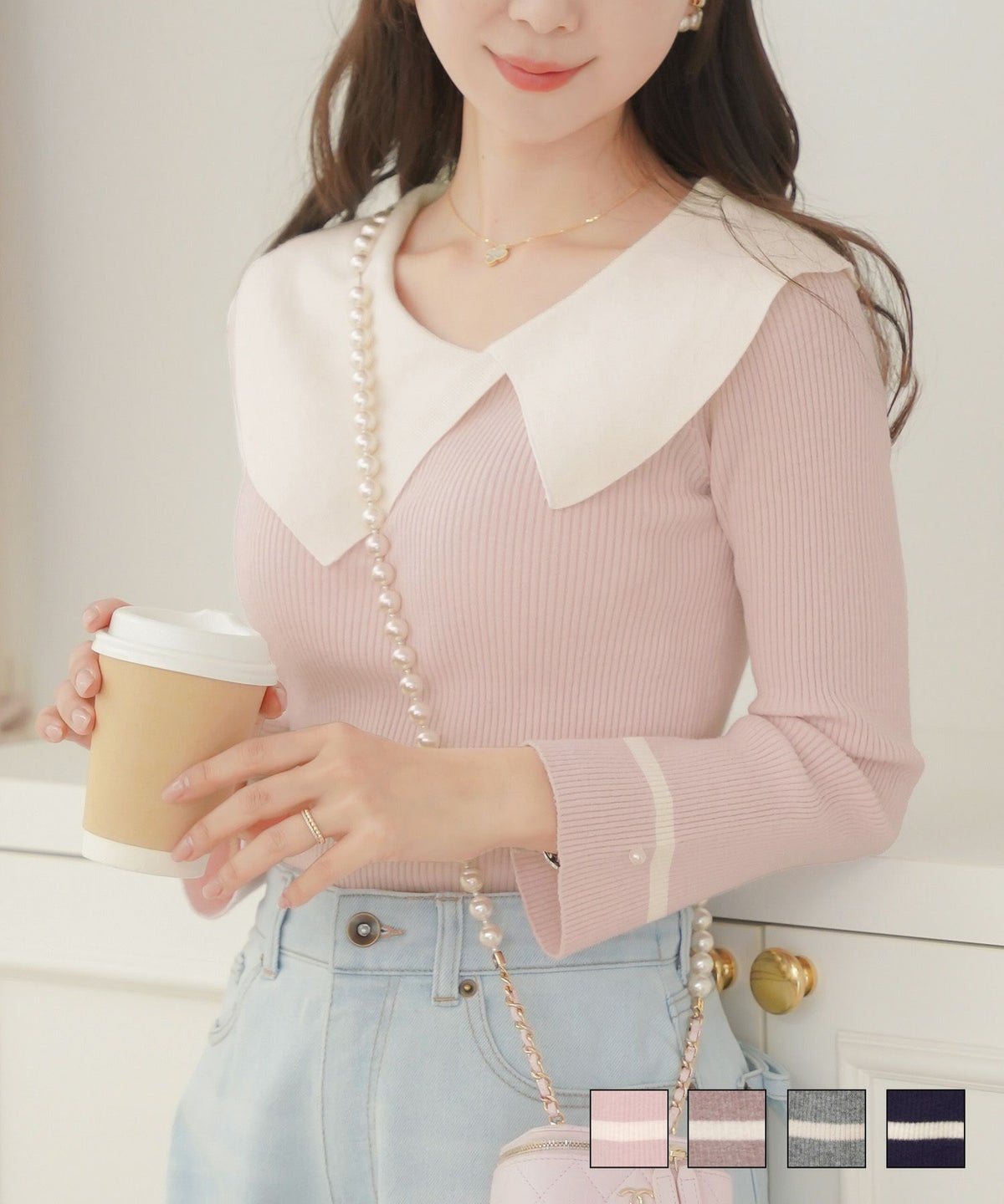 レディース トップス ニット アシメカラー 襟 バイカラー 配色 パール 長袖 ハイゲージ ピンク モカ チャコール ネイビー 春 秋 冬 伸縮 上品 フェミニン エレガント かわいい 大人 アシメカラー クラシカル ニット トップス le reve vaniller
