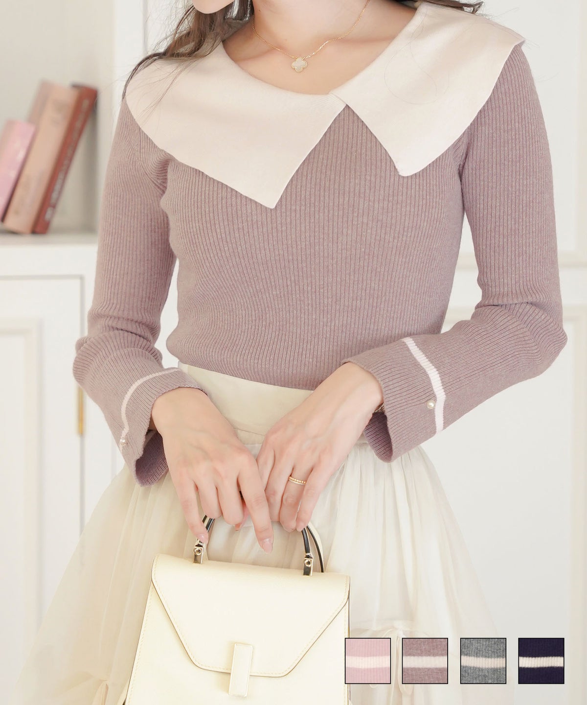 レディース トップス ニット アシメカラー 襟 バイカラー 配色 パール 長袖 ハイゲージ ピンク モカ チャコール ネイビー 春 秋 冬 伸縮 上品 フェミニン エレガント かわいい 大人 アシメカラー クラシカル ニット トップス le reve vaniller