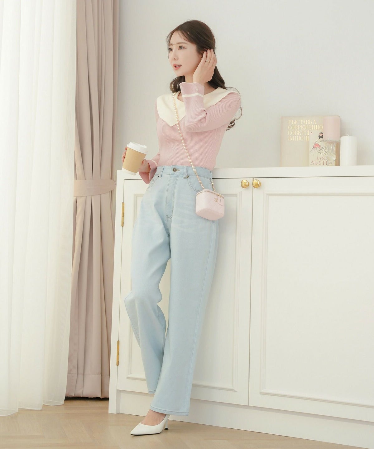 レディース/トップス/ニット/アシメカラー/襟/バイカラー/配色/パール/長袖/ハイゲージ/ピンク/モカ/チャコール/ネイビー/春/秋/冬/伸縮/上品/フェミニン/エレガント/かわいい/大人