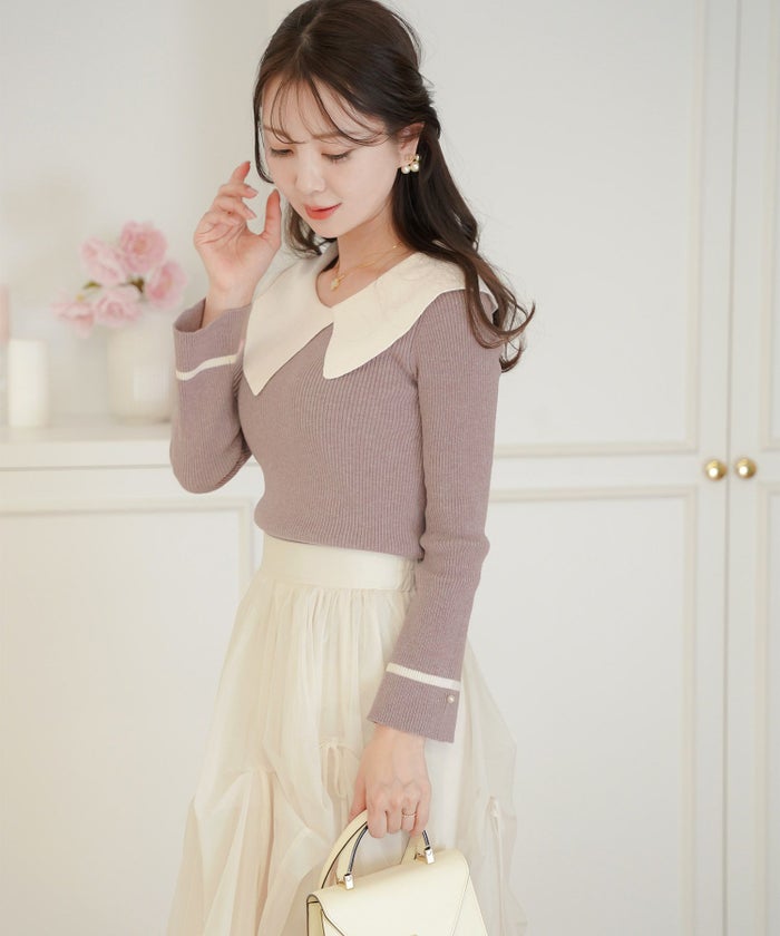 レディース/トップス/ニット/アシメカラー/襟/バイカラー/配色/パール/長袖/ハイゲージ/ピンク/モカ/チャコール/ネイビー/春/秋/冬/伸縮/上品/フェミニン/エレガント/かわいい/大人