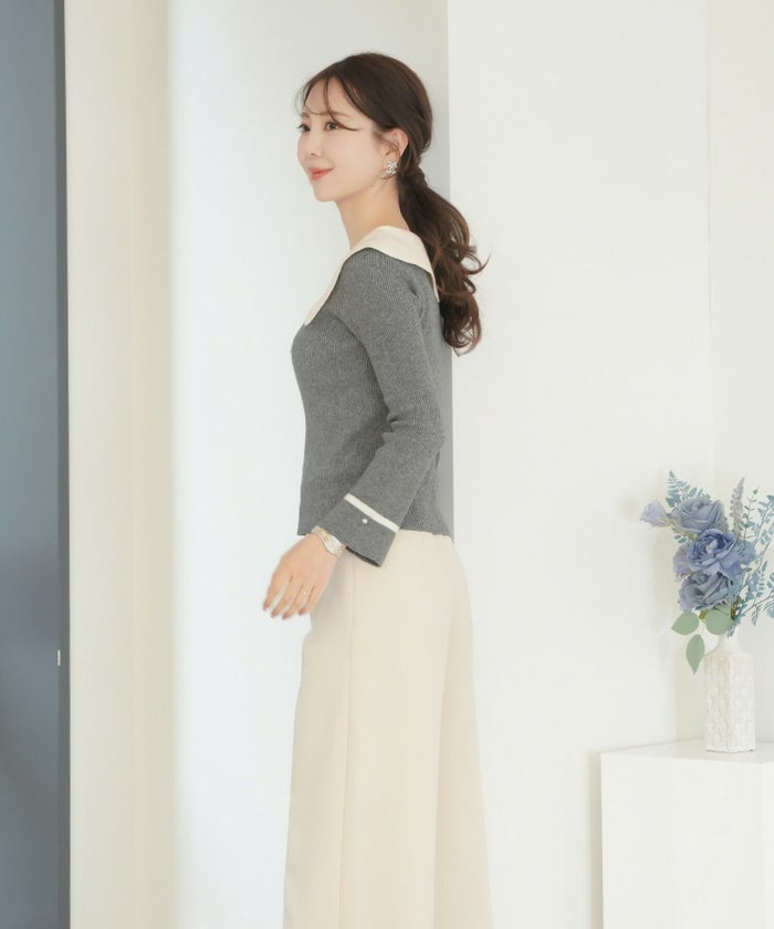 レディース/トップス/ニット/アシメカラー/襟/バイカラー/配色/パール/長袖/ハイゲージ/ピンク/モカ/チャコール/ネイビー/春/秋/冬/伸縮/上品/フェミニン/エレガント/かわいい/大人