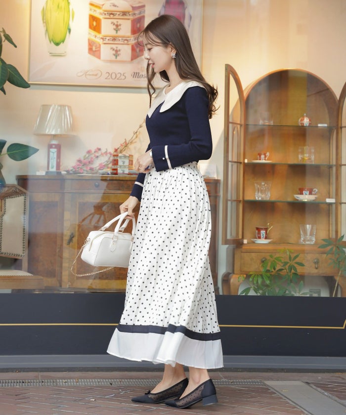 レディース/トップス/ニット/アシメカラー/襟/バイカラー/配色/パール/長袖/ハイゲージ/ピンク/モカ/チャコール/ネイビー/春/秋/冬/伸縮/上品/フェミニン/エレガント/かわいい/大人