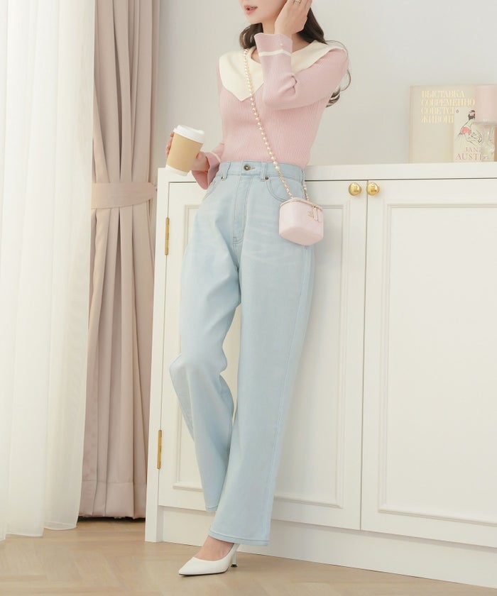 レディース/ボトムス/パンツ/デニムパンツ/ウエスト調整/ゴム/伸縮性/ストレッチ/刺繍/リボン/ライトブルー/ピンク/インディゴ/ネイビー/トレンド/ポケット/フルレングス/カジュアル/フェミニン/エレガント/上品/ママ/公園/夏/春/秋/冬/オールシーズン/かわいい