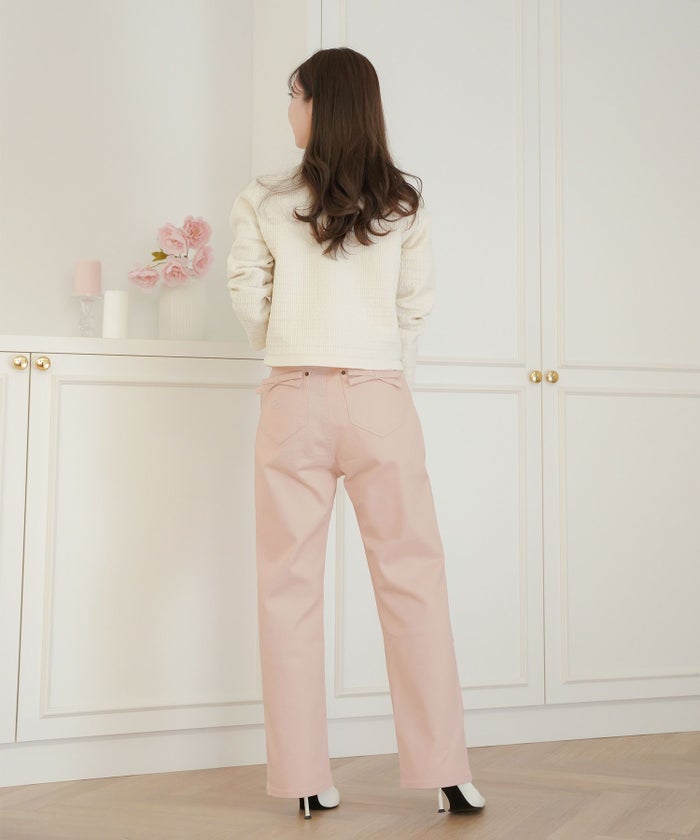 レディース/ボトムス/パンツ/デニムパンツ/ウエスト調整/ゴム/伸縮性/ストレッチ/刺繍/リボン/ライトブルー/ピンク/インディゴ/ネイビー/トレンド/ポケット/フルレングス/カジュアル/フェミニン/エレガント/上品/ママ/公園/夏/春/秋/冬/オールシーズン/かわいい